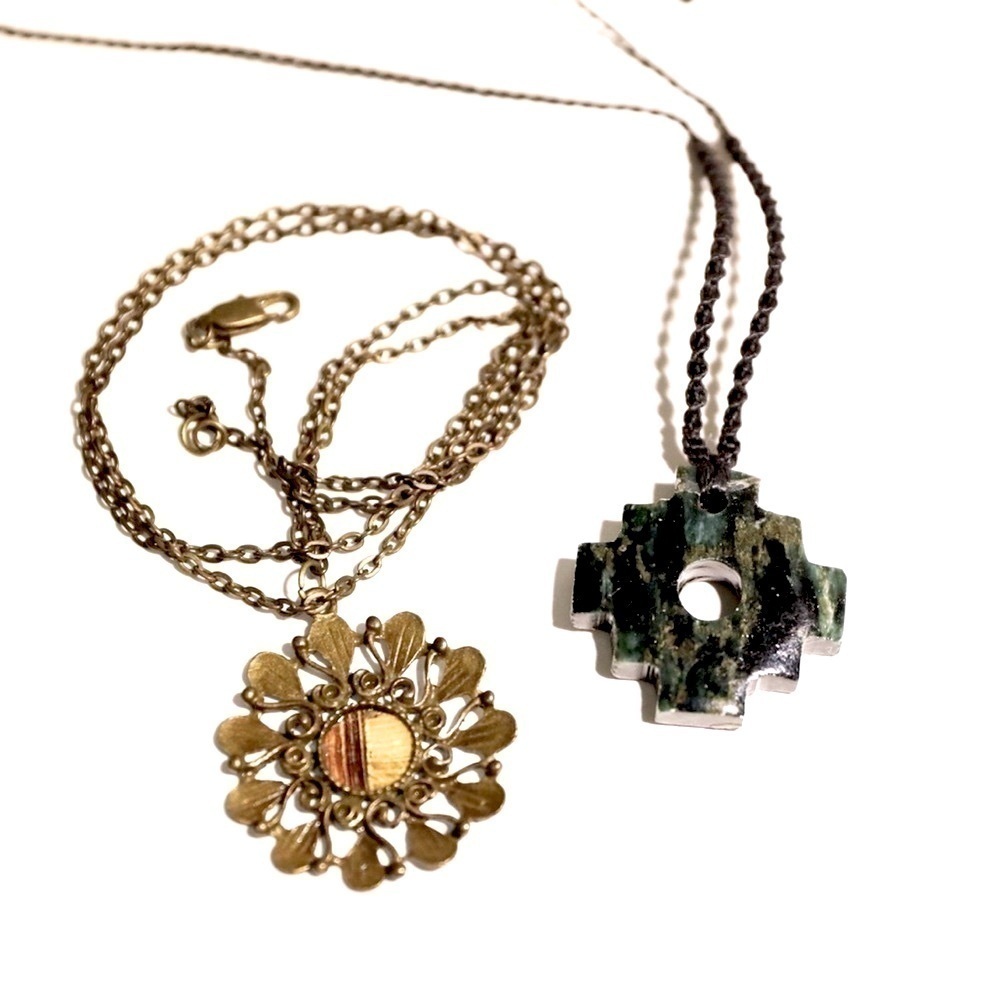 Set of two handmade necklaces Mexican stone jewellery bronze coated metal boho